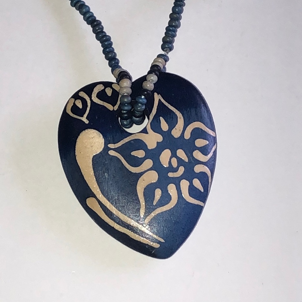 Elegant Blue and Tan Wooden Heart Beaded Boho Pendant Necklace
